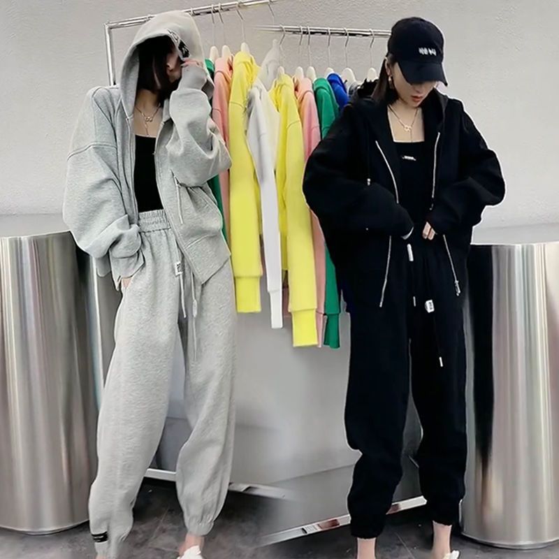 胖MM特大码休闲运动套装女秋冬季宽松显瘦高腰束脚裤连帽时尚2件|undefined