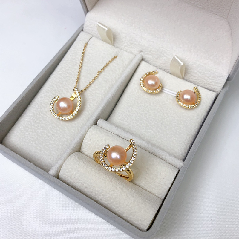 Store Manager recommend New Pearl Jewelry suit Necklace Earrings Ring Bread Beads Three-piece Set Light Luxury Fashion Simple
