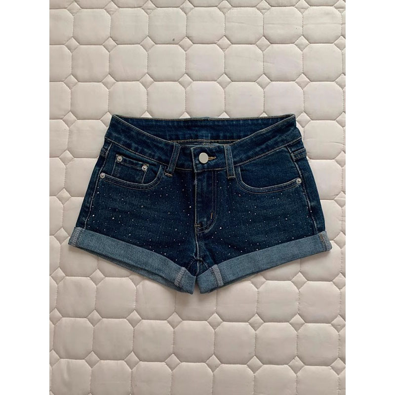 Plus Size Fat mm Sexy Hot Pants with Rhinestone Rolled Hem Denim Shorts for Women Summer New Sexy Low Waist A-Line Hip Hot Pants