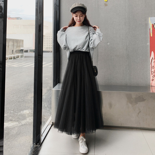 Sheer Dress Women's A-line Skirt Spring and Summer 2024 New Pure Color Slimming Midi Skirt with Net Fabric