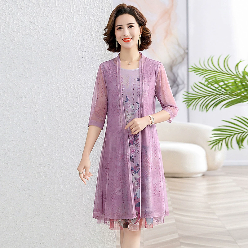 Летнее платье больших размеров для мамы 2025, новый стиль, двухсоставная юбка, для женщин среднего и пожилого возраста, широкая длинная юбка для женщин.