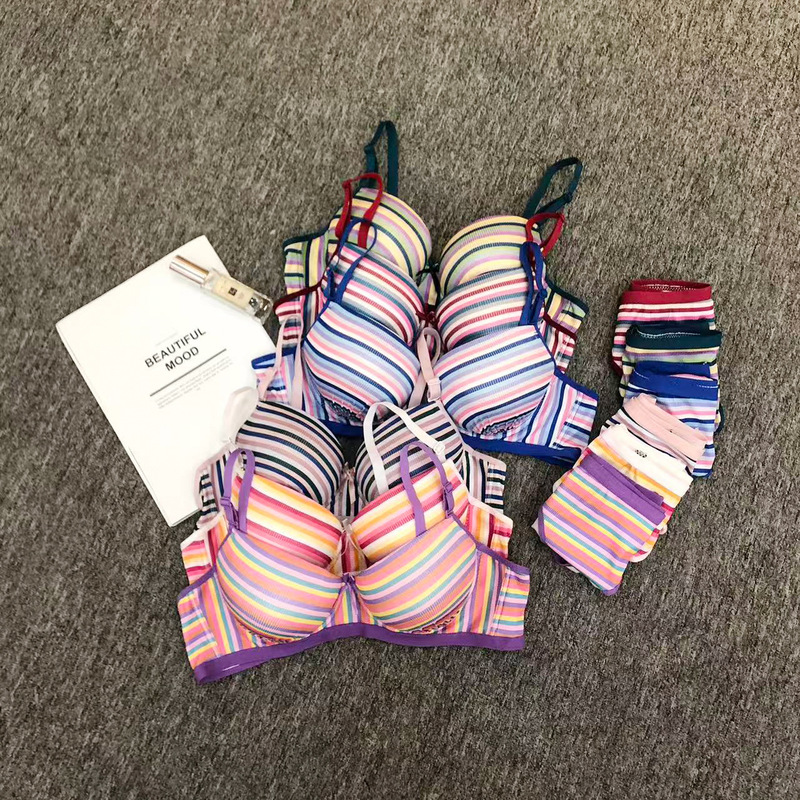 Cross-Border Russian Rainbow Striped Underwear Women's Push-Up Big Breasts Sexy Underwear Underwear Set Manufacturer Wholesale
