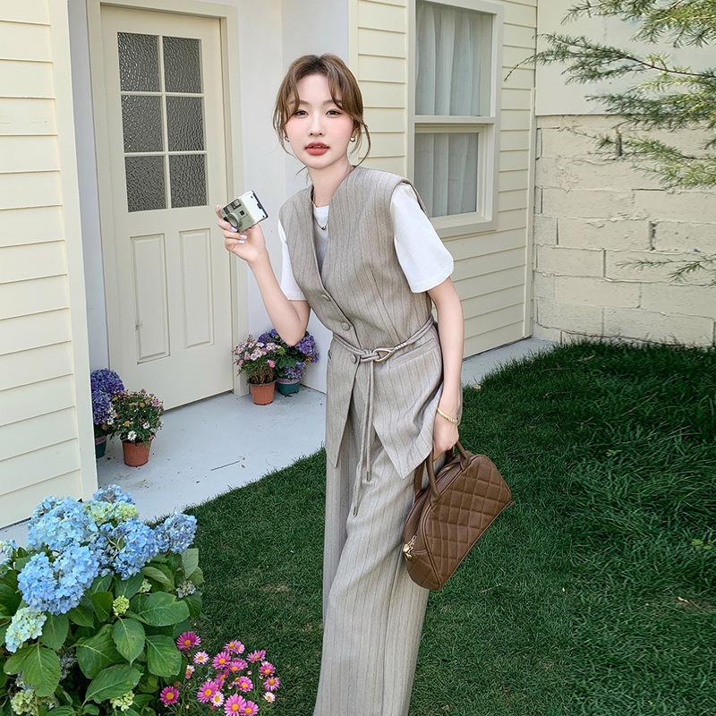 Striped Vest T-Shirt Wide-Leg Pants Set for Women 2026 Summer New Korean Style Relaxed Minimalist Two-Piece Trendy Set