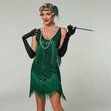 亚马逊跨境吊带亮片流苏裙1920欧美复古盖茨比舞会聚会晚礼服连衣