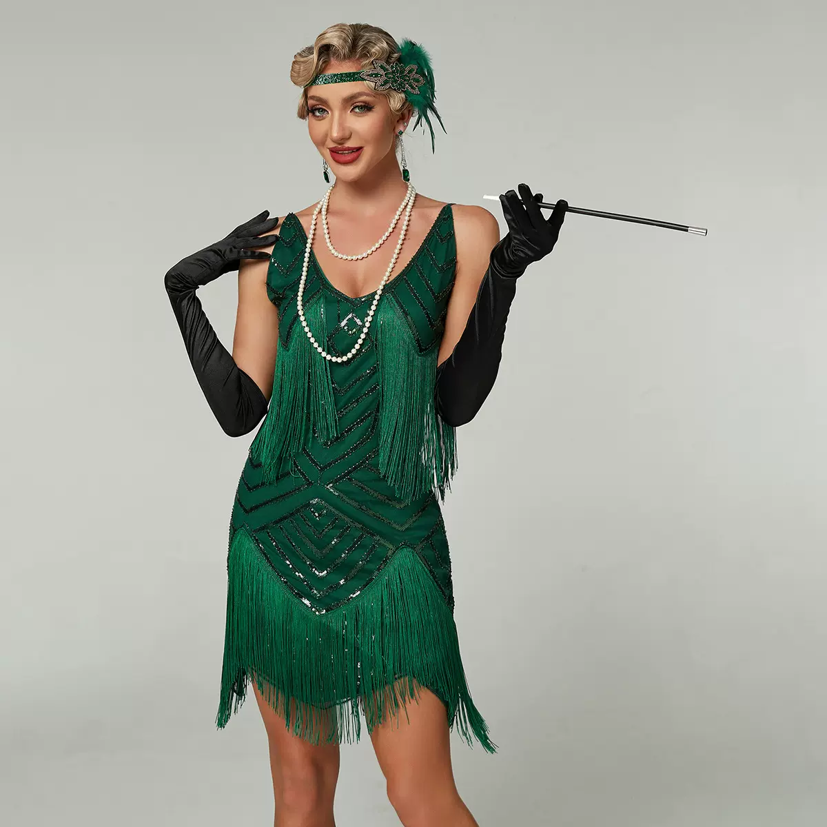 亚马逊跨境吊带亮片流苏裙1920欧美复古盖茨比舞会聚会晚礼服连衣