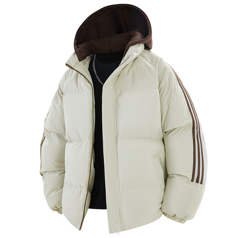 Men's winter cotton jacket, casual and versatile, with three stripes, hooded, and padded for extra warmth Men's winter cotton jacket, casual and versatile, with three stripes, hooded, and padded for extra warmth