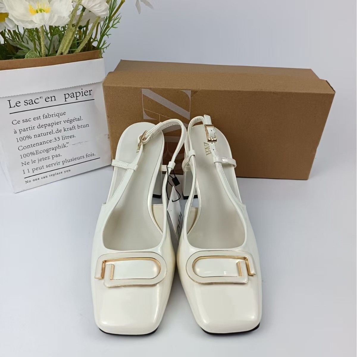 ZA women's shoes 2024 autumn new square head G shape rhinestone buckle decoration thick heel high heel baotou back empty fashion women's shoes