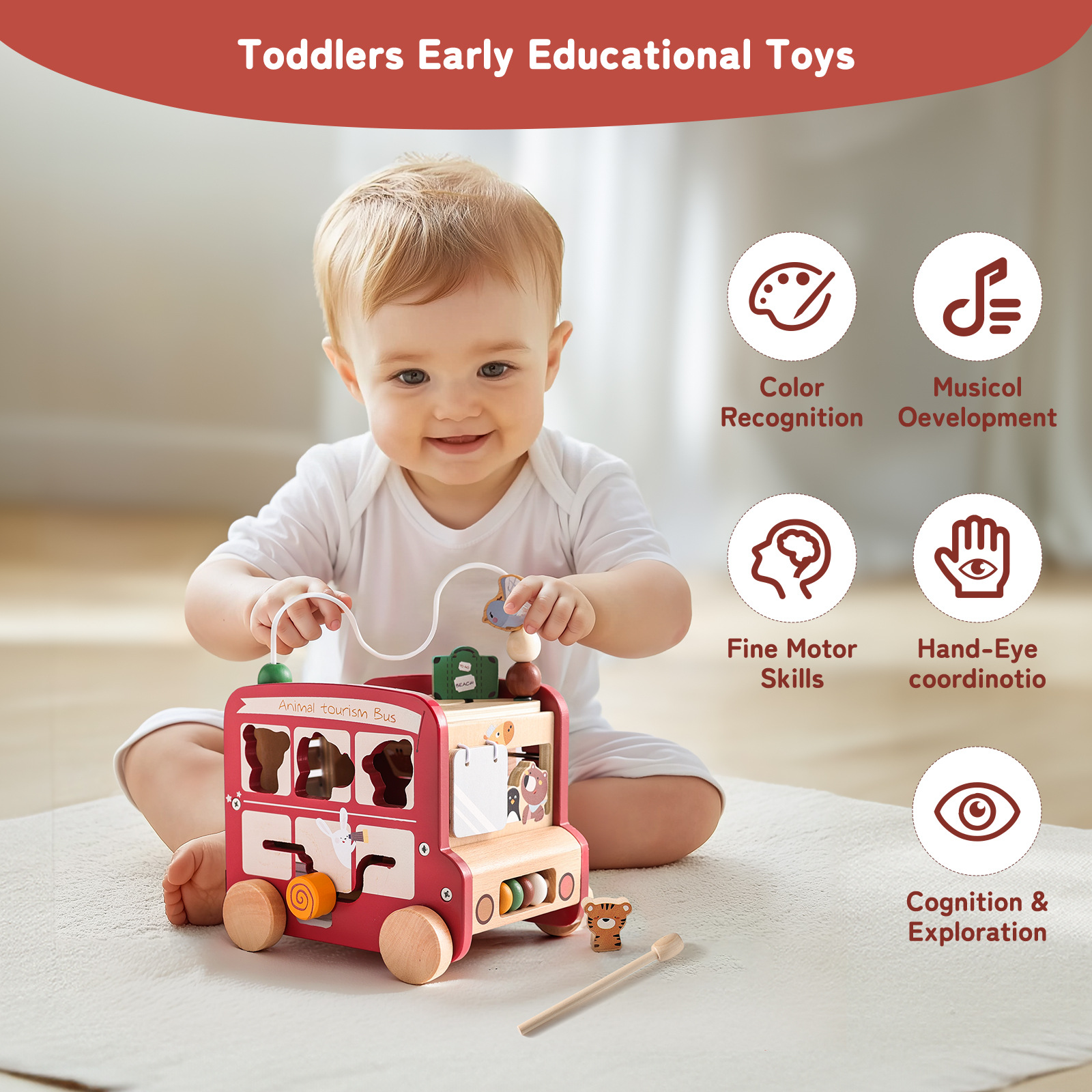 Rompecabezas de educación temprana de madera para niños transfronterizos Hexedro multifuncional Carro de caja ocupada Puzzle Juguete de autobús Montessori