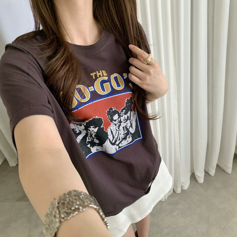 Korean Dongdaemun Rooster House Retro Women's Band Print High Street Fashion Loose Casual Washed Short-Sleeve T-Shirt for Women