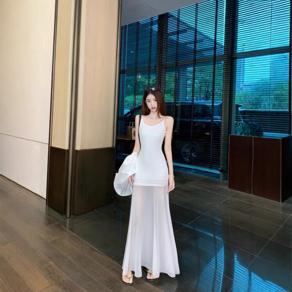 게으른 스타일 스티칭 메쉬 스티칭 슬링 원피스 디자인 센스 슬림 핏 긴 원피스 허리 랩 힙합 A 라인 스커트