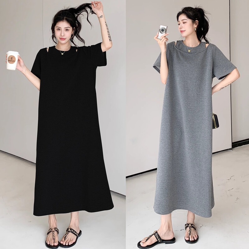 South Korea Lazy Style T-shirt dress Women's Summer Elegant Shoulder plus size Slimming Ultra-long Knee-length dress Dress