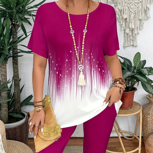 Summer Casual Striped Short-Sleeve T-Shirt and Tight Pants Set for Plus Size Women - TM001