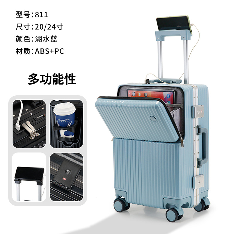 Baja de aluminio con cubierta abierta delantera, maleta de viaje, 20 maletas multifuncionales, maletas de embarque, ruedas universales de 24 pulgadas, maletas de negocios