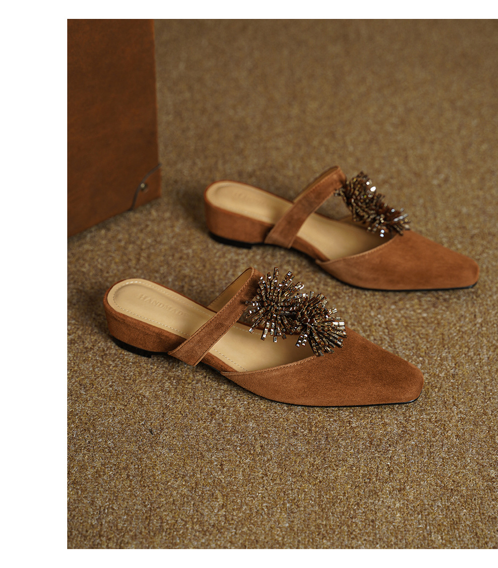 Dép sandal nữ xỏ ngón đế bệt mũi nhọn đính đá pháo hoa họa tiết hoa — Màu caramel cừu lật chi tiết 14
