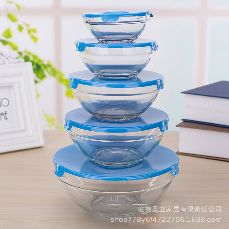 Nuevo juego de cuencos frescos Juego de cinco piezas Caja de almuerzo de tazón de fideos instantáneos con tapa Plato de frutas Ensalada Tazón de vidrio Regalo al por mayor