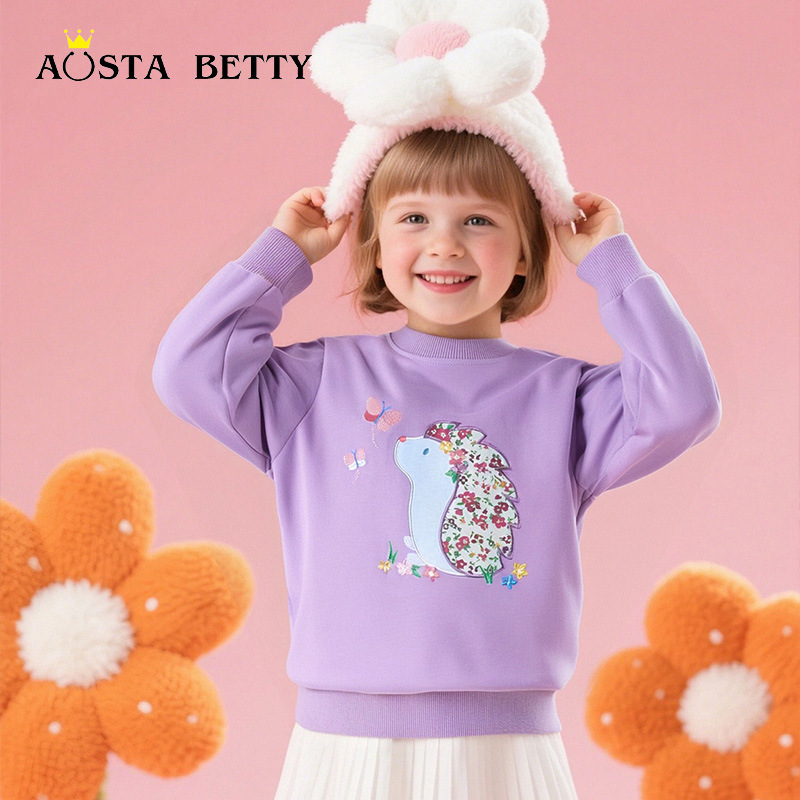 New Autumn Knitted Cotton Children's Sweatshirt with Cartoon Embroidery, European and American Style, Long Sleeve, Girls' Sweatshirt