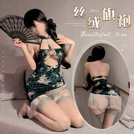 夜听香古风丝绒旗袍情趣内衣流苏性感牡丹印花纯欲诱惑包臀裙