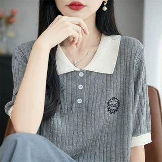 法式高级撞色Polo领短袖T恤女夏季新款2026爆款减龄上衣针织半袖