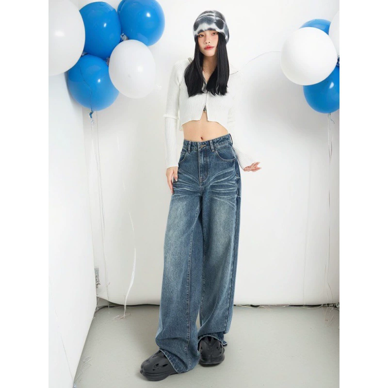 Американские ретро широкие джинсы женские ранние весенние 2024 новые стирание с высокой талией свободные тонкие дикие прямые брюки