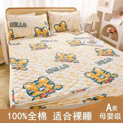 Class A Mother and Infant Grade All Cotton Padded Bed Cover Cartoon Printed Full Enclosure Bedspread Thickened Non-slip Mattress Cover Customizable