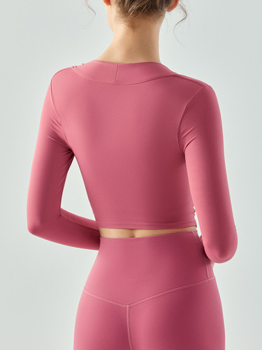 Two-Piece Yoga Set with Long Sleeve Half-Fixed Droplet Cup, Gathered Slimming Sports T-Shirt, Running Breathable Fitness Top