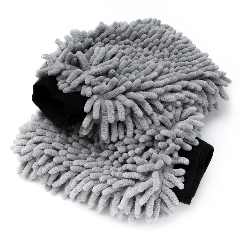 灰色双面雪尼尔洗车手套超细纤维珊瑚绒擦车防水汽车清洁手套