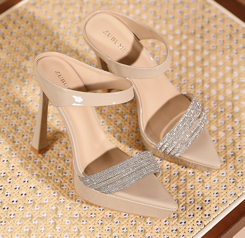 Sandal cao gót nữ mũi nhọn quai một dây đính đá, gót 12 cm — Màu nude-12cm chi tiết 9
