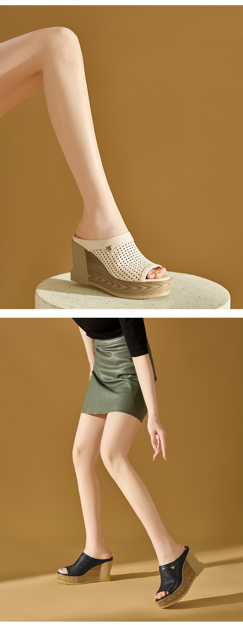 Sandal hở mũi nữ gót nêm đan thoáng mát — màu be, màu đen chi tiết 7