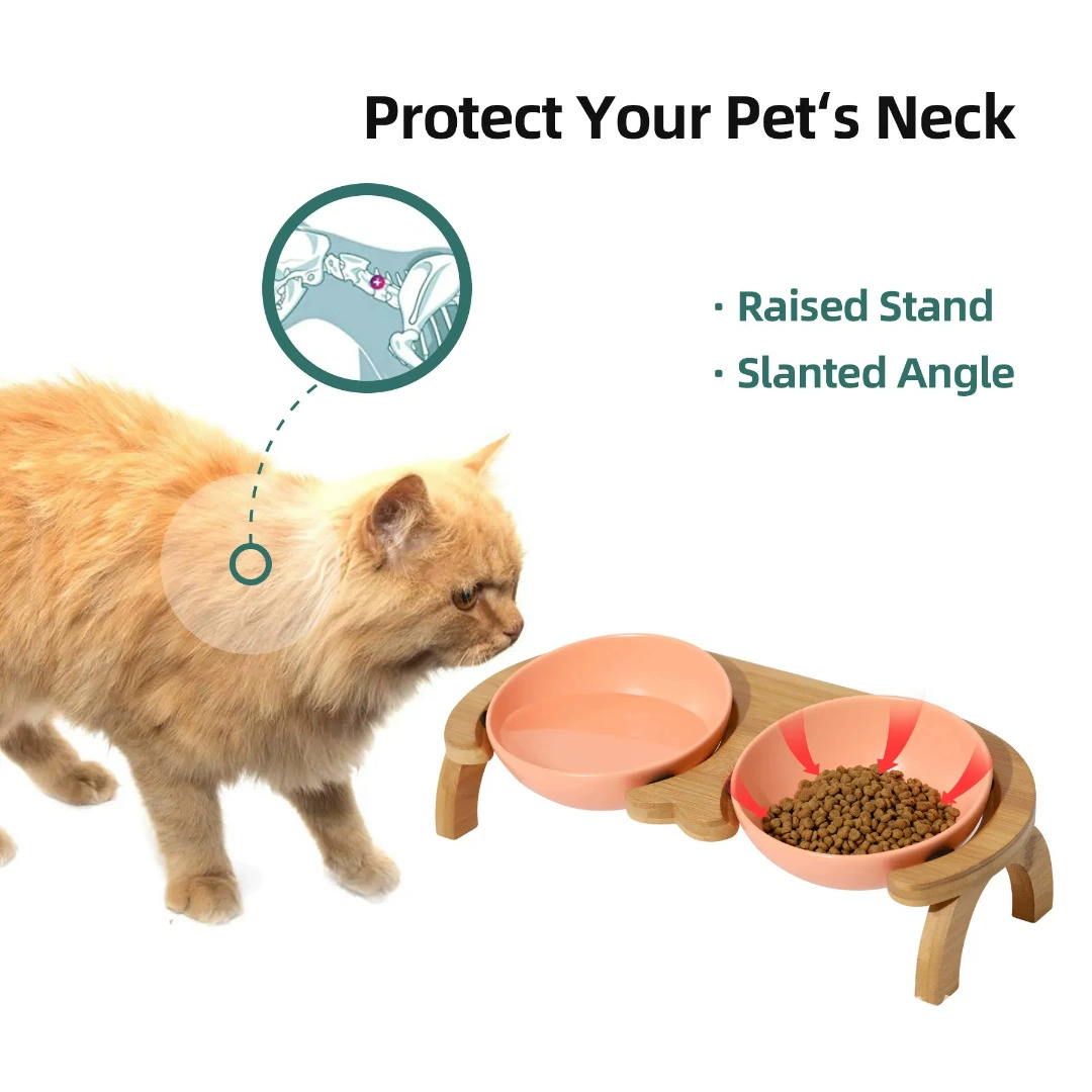 Подставка для керамической миски для кошек, бамбуковая регулируемая подставка для кормления домашних животных, защищает шейный отдел позвоночника, наклонная миска для щенков, подставка для поилки
