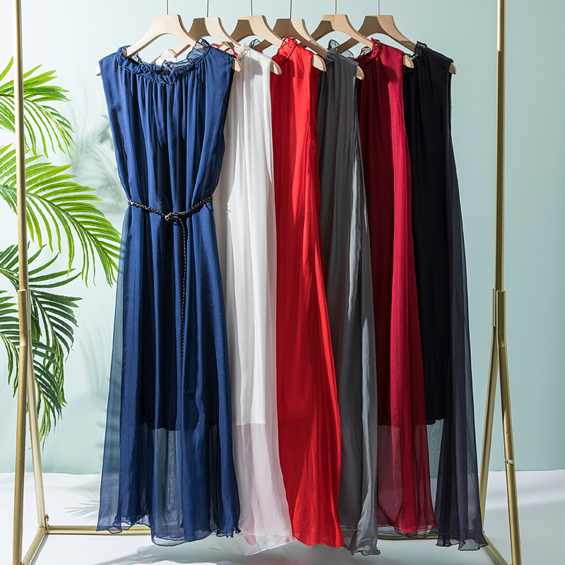 Sleeveless temperament silk dress 2022 summer boutique women's lace-up waist large swing skirt loose long skirt wholesale