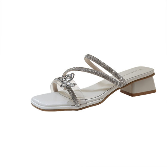 French Style Crystal Thick Heel Slippers Women's Outer Wear 2025 Summer New Style Rhinestone Bow Fairy Style High Heel Sandals