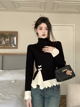 2025新款高领毛衣针织衫黑色拼接小香内搭打底衫女早秋季短款上衣