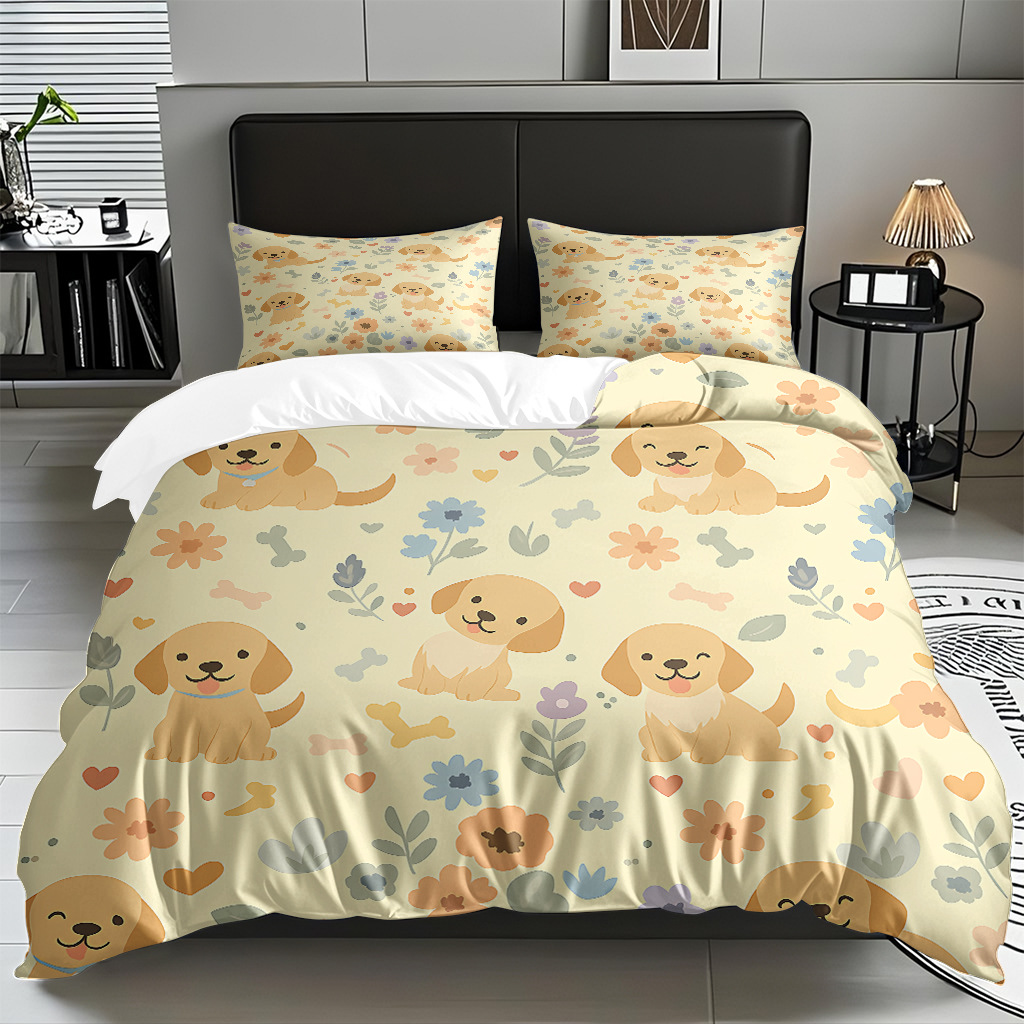 Fábrica de origen transfronteriza textil doméstico TEMU / JIT suave piel abrasiva caricatura cachorro impresión digital set edredón