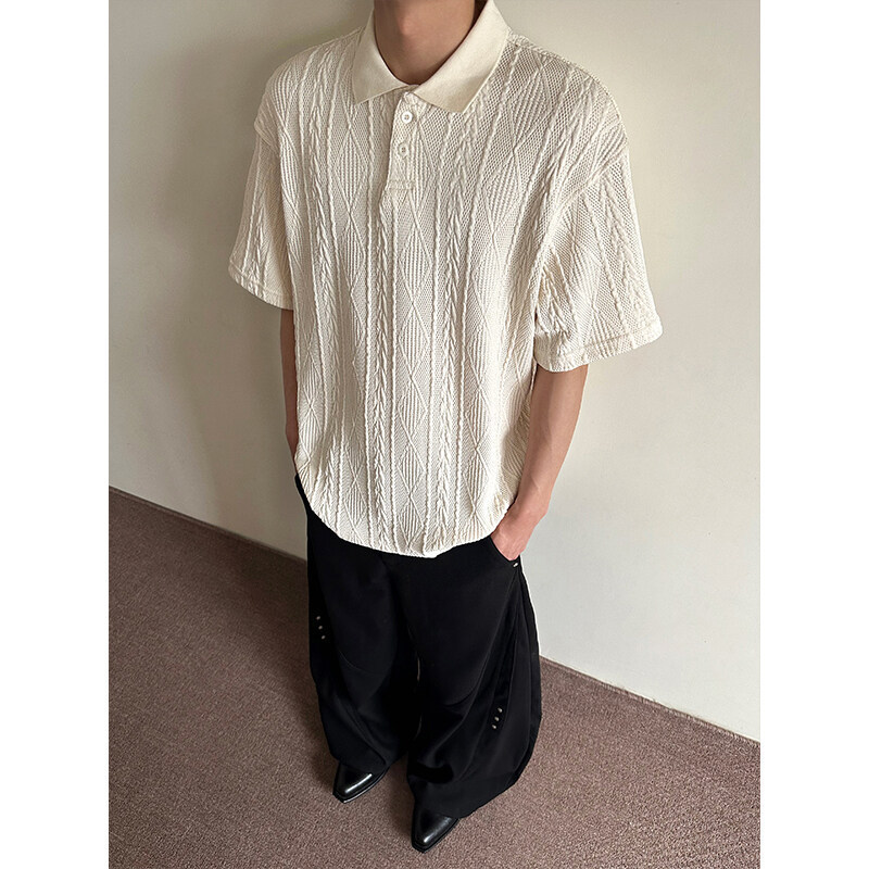 INTFEDAY Gray Commuter Black and White Simple Short-sleeved T-shirt Men's Niche Jacquard Texture Polo Shirt INTFEDAY Gray Commuter Black and White Simple Short-sleeved T-shirt Men's Niche Jacquard Texture Polo Shirt