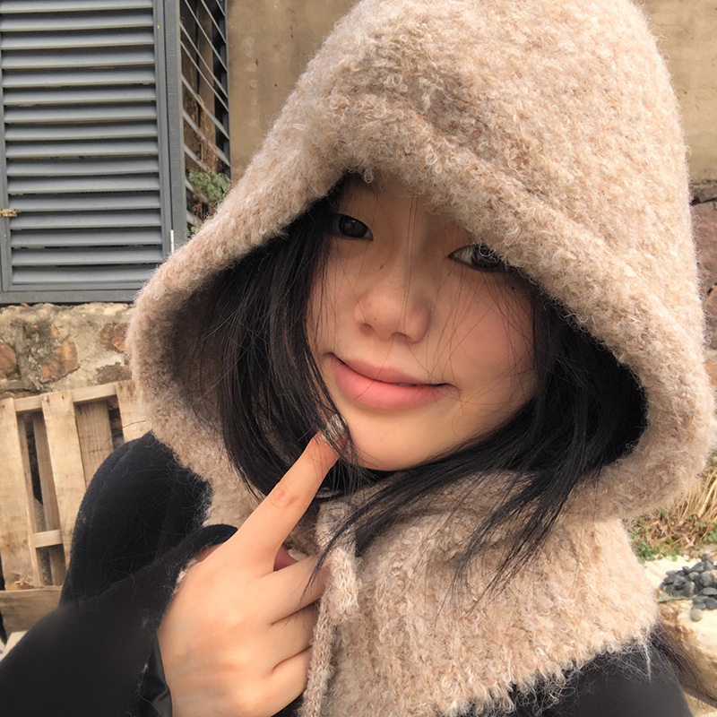 蓝色巴拉克拉法帽女秋冬百搭帽子围巾一体羊毛混纺针织保暖护耳帽|undefined