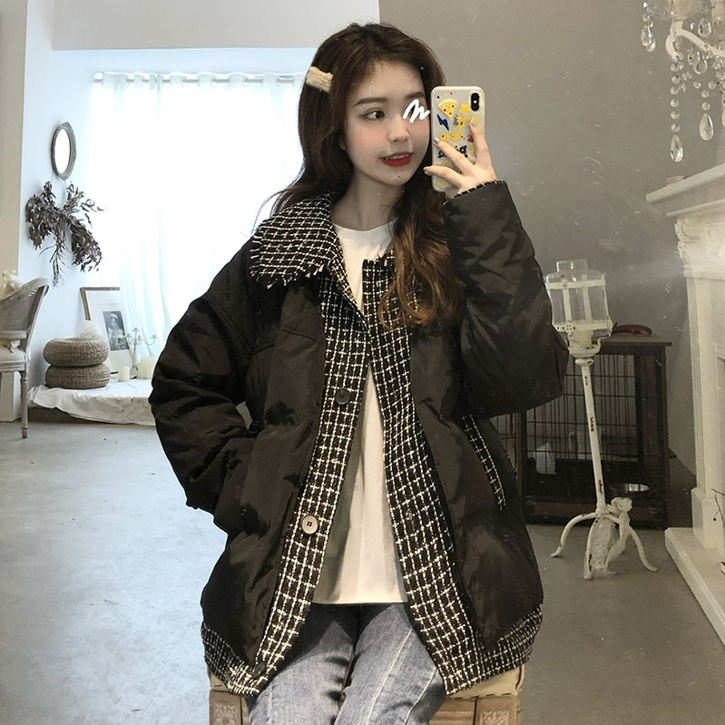 特大码300斤胖mm棉服宽松外套女冬季新款格子拼接加厚面包服棉衣2