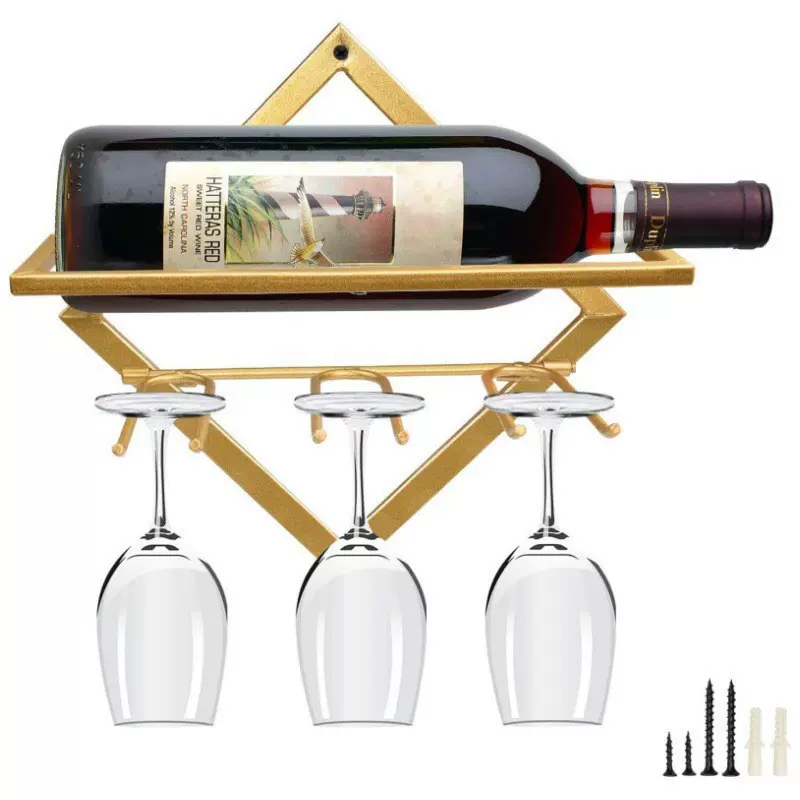 壁挂式红酒收纳架 升级金属可折叠酒架 带 3 个高脚酒杯架 置物架