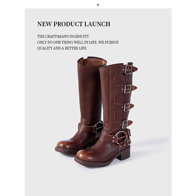 2023 Nouvelle botte de chevalier à tête carrée avec boucle de ceinture en métal à manches hautes pour femmes Asigo Same Western Cowboy_voghion.com