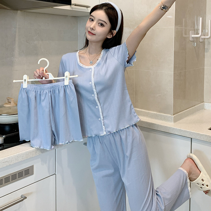 2024 새로운 도착 잠옷 여성 공주 봄과 여름 카디건 짧은 소매 반바지 바지 3 조각 학생 홈 옷