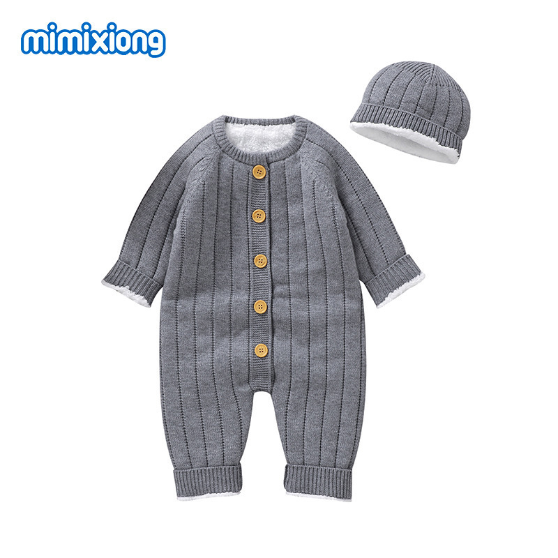 インホット販売ベビーワンピース服無地プラスベルベットロンパーススーツニット男性と女性の暖かい服秋と冬|undefined