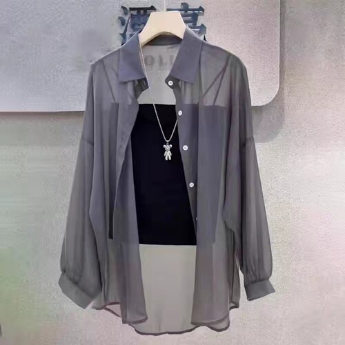 Pearlescent yarn summer new loose and versatile fashion mid-length shirt thin commuting sun protection clothing factory wholesale