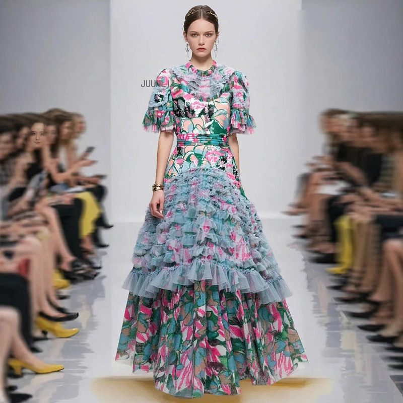 2025 Summer New High-End Heavy-Duty Design Mesh Embroidered Sequin Long Dress French Retro Flared Dress