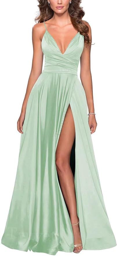 Elegante vestido de fiesta largo con cuello en V dividido, plisado de dama de honor de gasa larga, vestido formal, vestido de noche de satén