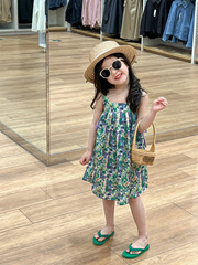 Summer 2024 Korean Style Girls' Vacation Style Purple Floral Strapped Backless Blouse Dress Lightweight Loose Shoulder Strap Dress