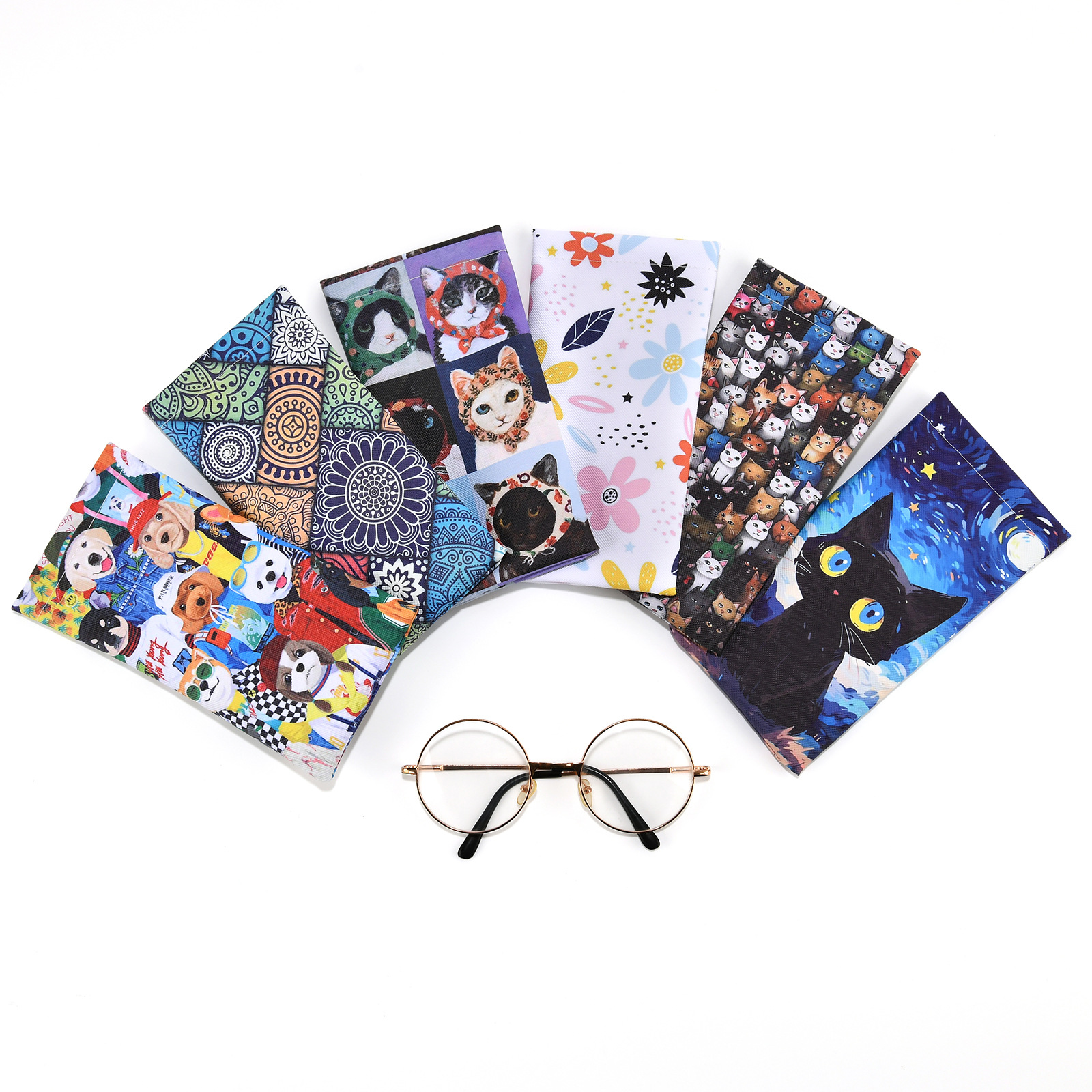 Animal, Round, Flower Pattern Cute Animal Round Flower PU Unisex Glasses Pouch