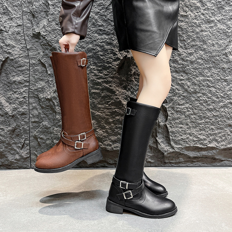 Retro-Overknee-Stiefel mit Blockabsatz, Damen-Herbstmode, Gürtelschnalle, Reitstiefel in großen Größen_voghion.com