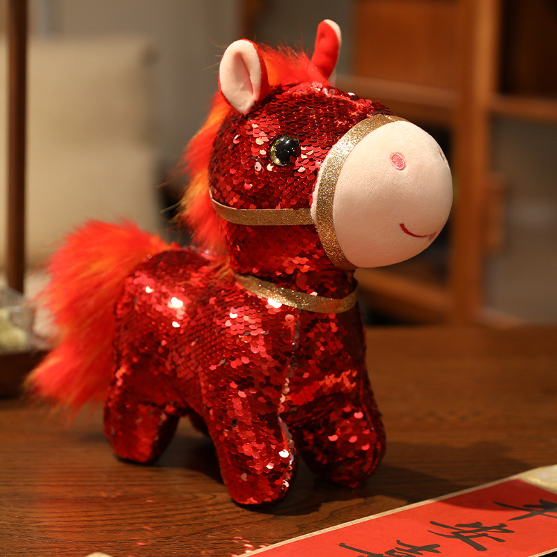 Custom Plush Pony Doll with Iridescent Sequins, Realistic Horse, Year of the Horse Mascot, Living Room Decoration, New Year Gift