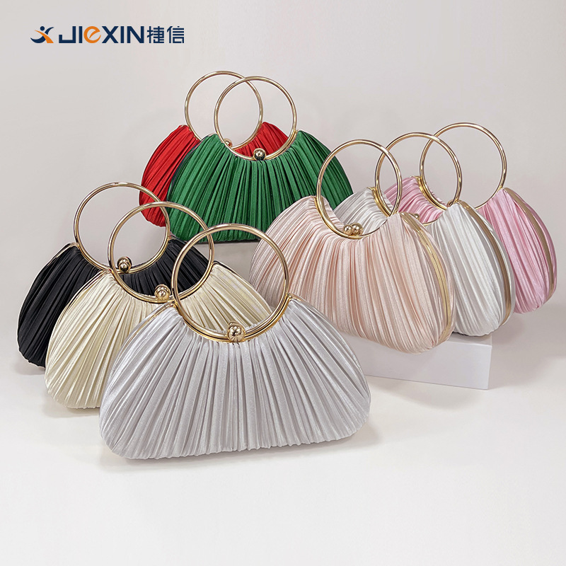Cross-Border New Pleated Evening Bag, Women's Handbag, Ladylike Elegant Banquet Clutch Bag, Dress Bag, Ring Handbag
