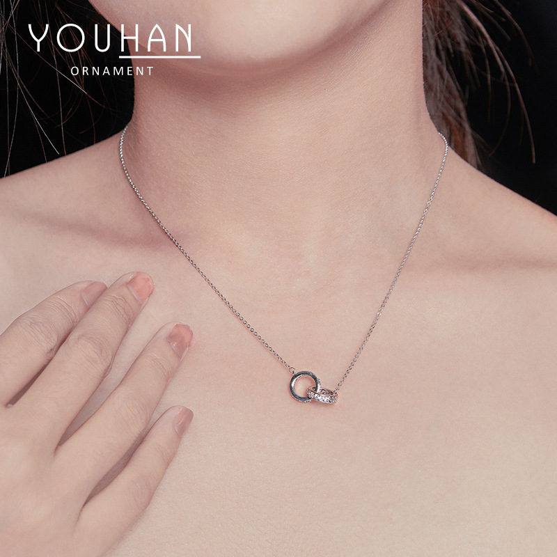 Korean Style Necklace Women's Fashionable Korean Style Rose Gold Ring Buckle Necklace Double Ring Diamond Set Short Clavicle Chain Set Chain for Women