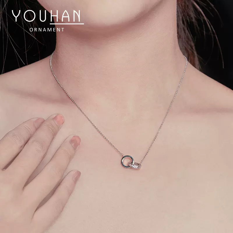 韩版项链女时尚韩版玫瑰金圆环相扣项链双环镶钻短款锁骨链套链女